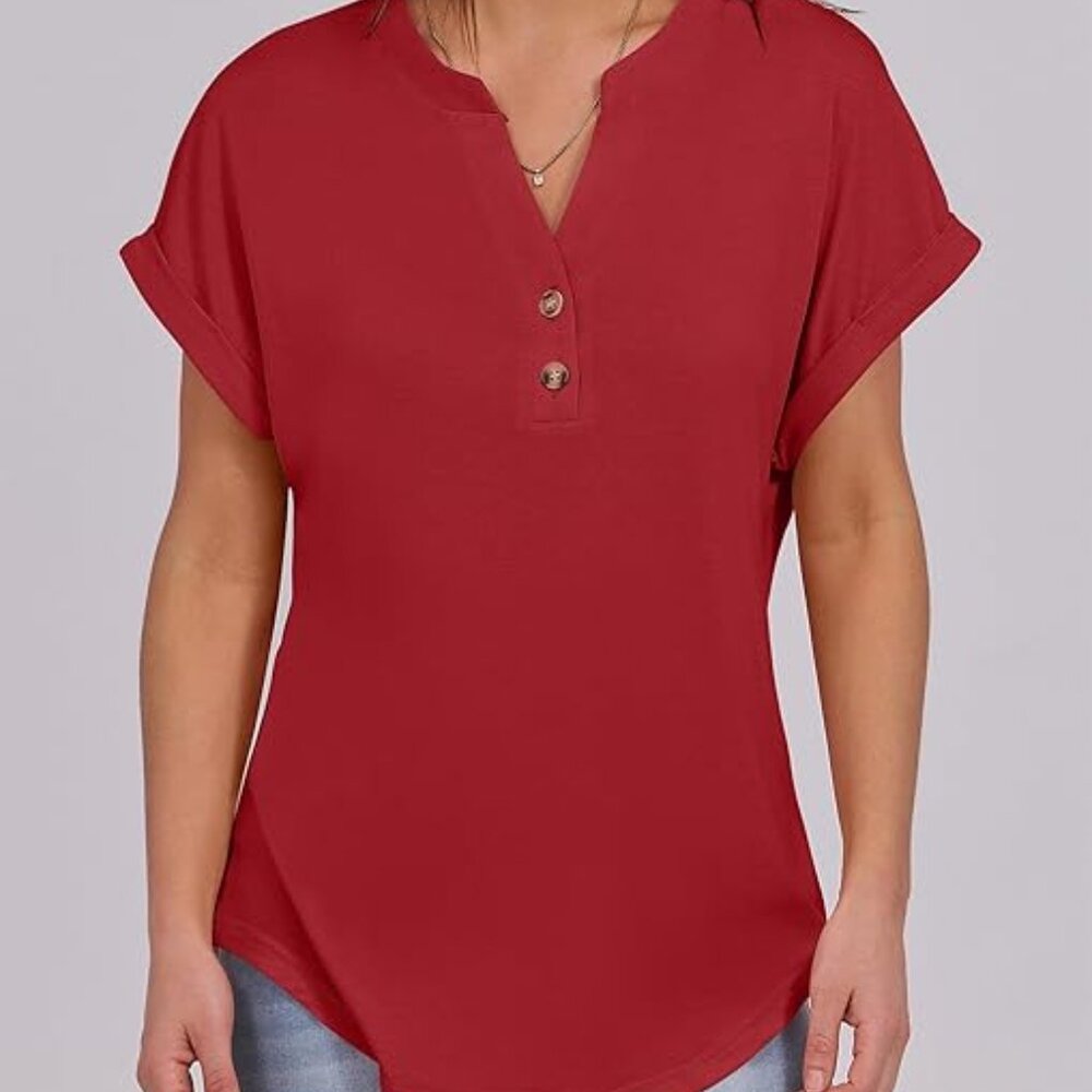 ANRABESS Womens Short Sleeve Henley Top in Deep Red Shade